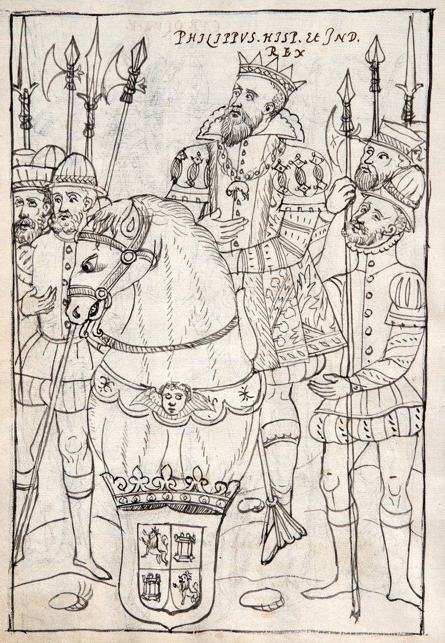 MS Hunter 242 f.249v Philip II lóháton ülve, aranygyapjú rendet visel, fegyveresekkel körülvéve, Diego Munoz Camargo illusztrációja a Historia de Tlaxcala című művéből (toll és tinta alkotó: Mexican School