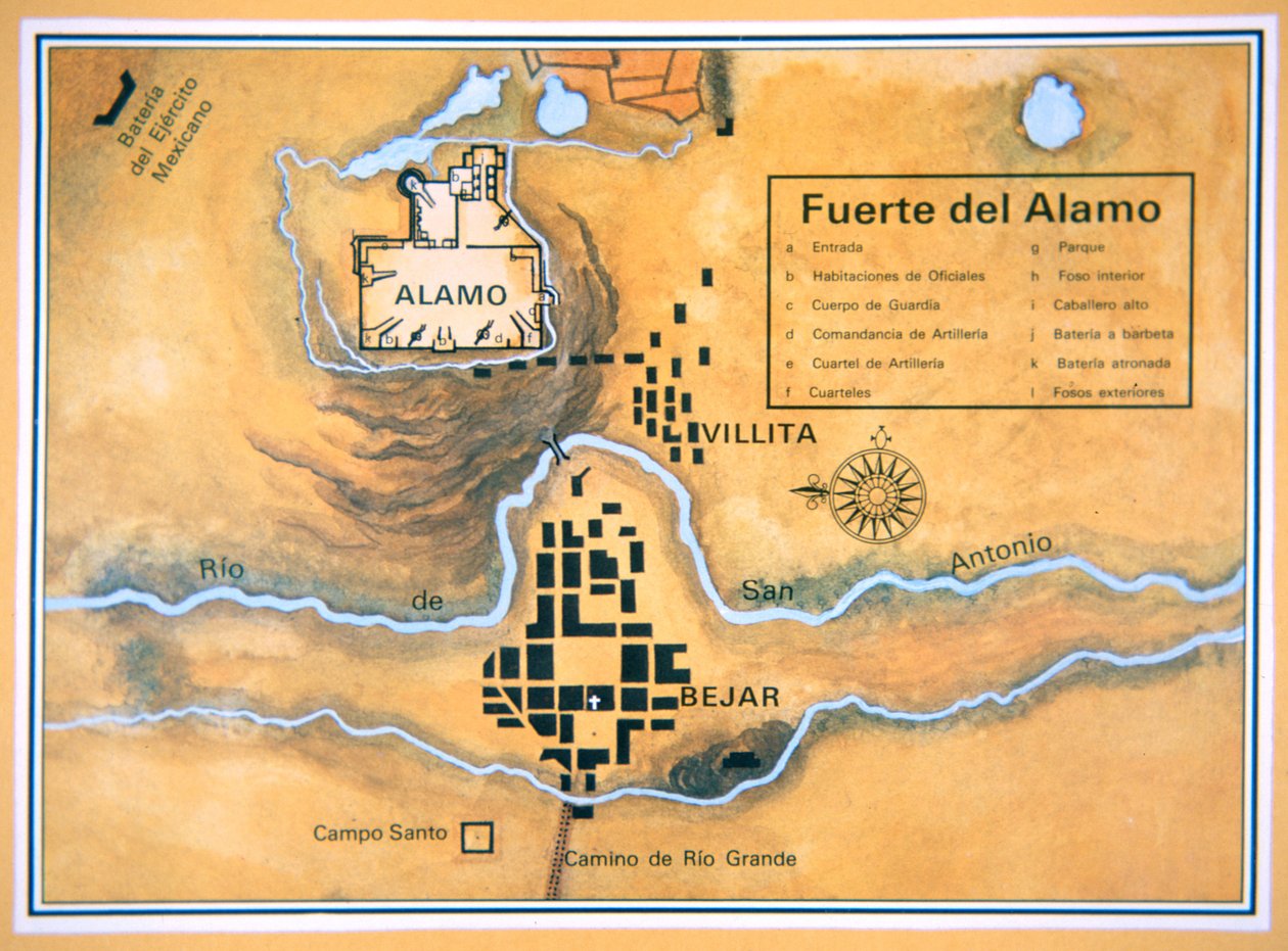 A San Antonio-i Alamo terület térképe Santa Anna eredeti csatatértérképe alapján alkotó: Mexican School