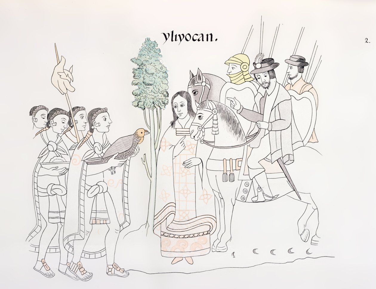 Hernando Cortes (1485-1547) és az aztékok találkozása, illusztráció egy mexikói indián képtörténet fakszimiléjéből, Lienzo de Tlaxcala 1550 körül, 1892 alkotó: Mexican School