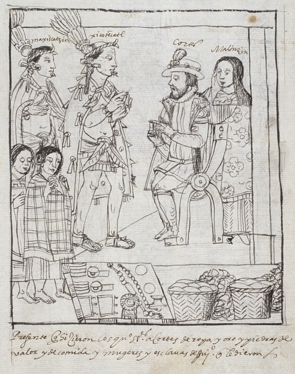 Montezuma találkozik Cortez Ms Hunterrel 242 f.255r Mexikó meghódítása, a Historia de Tlaxcala-ból, Diego Munoz Camargo alkotó: Mexican School