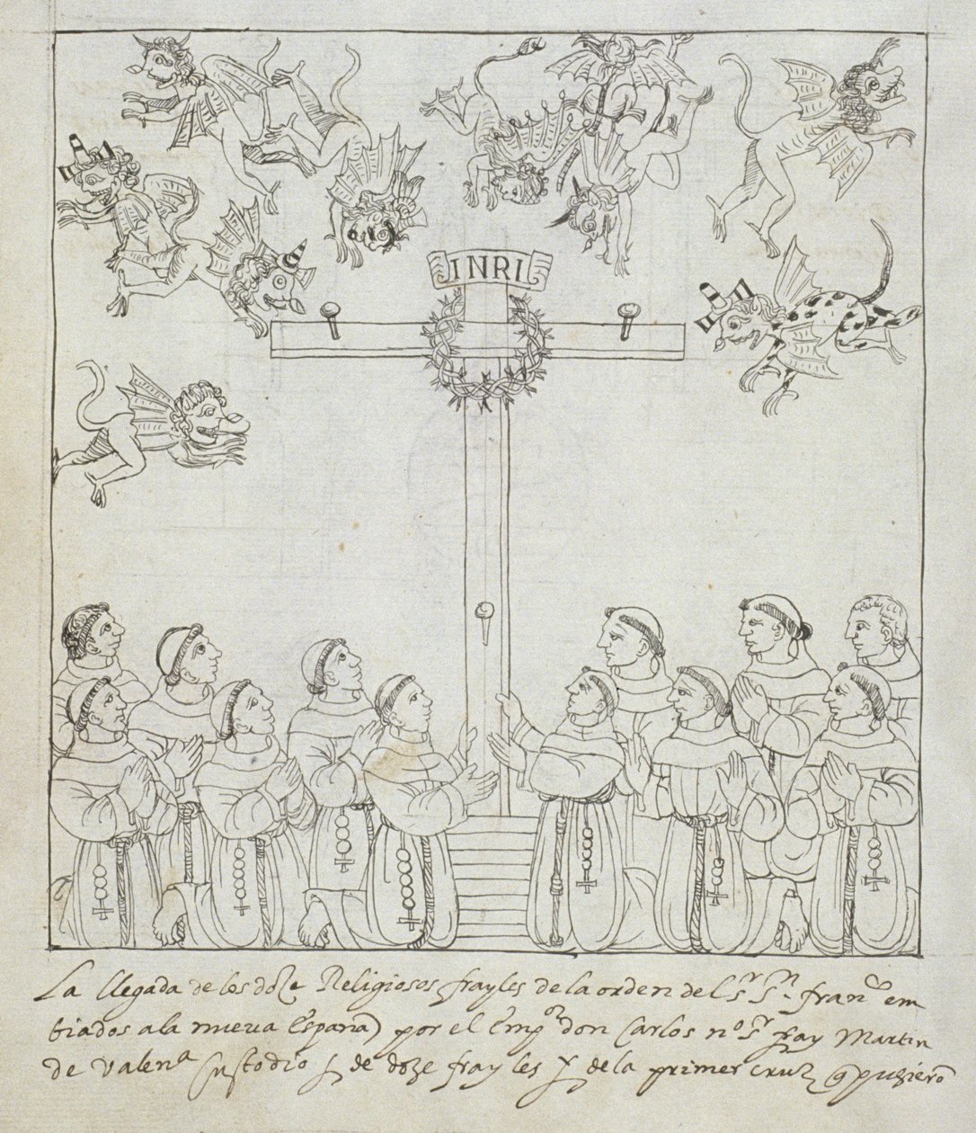 Ms Hunter 242 f.239v Az első kereszt felállítása, a Historia de Tlaxcala-ból, Diego Munoz Camargo alkotó: Mexican School