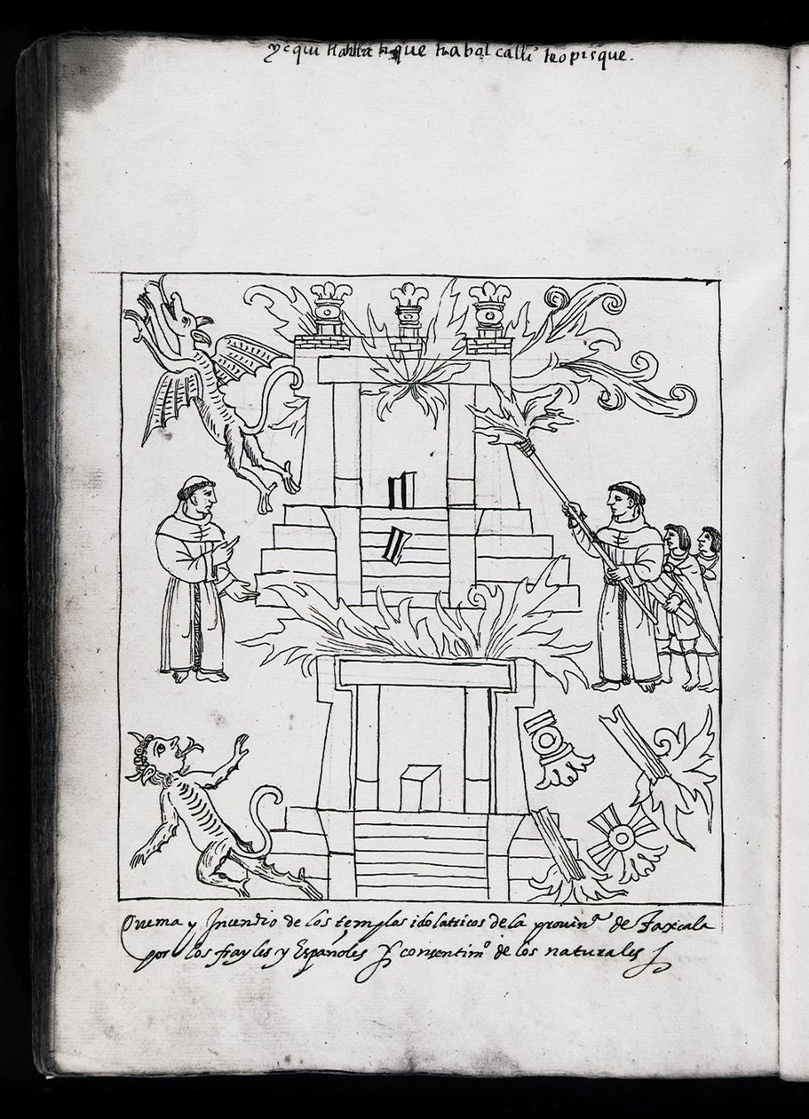 Ms Hunter 242 f.240v Ferencesek templomokat égetve, illusztráció a Historia de Tlaxcala-ból, Diego Munoz Camargo alkotó: Mexican School