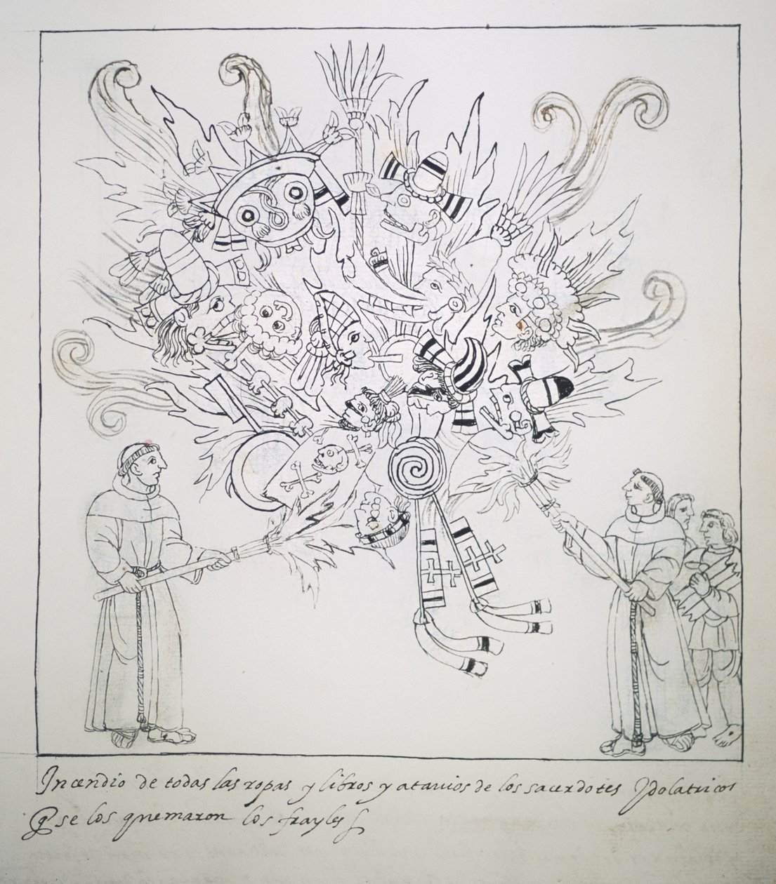 Ms Hunter 242 f.242r Hagyományos könyveket és ruhákat égető ferences szerzetesek, Diego Munoz Camargo Historia de Tlaxcala-ból alkotó: Mexican School