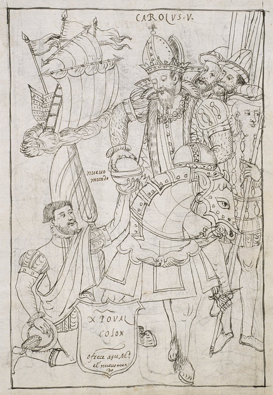 Ms Hunter 242 f.249r Kolumbusz Kristóf (1451-1506) Szimbolikusan felajánlja az Újvilágot V. Károlynak (1500-08), Diego Munoz Camargo Historia de Tlaxcalából alkotó: Mexican School