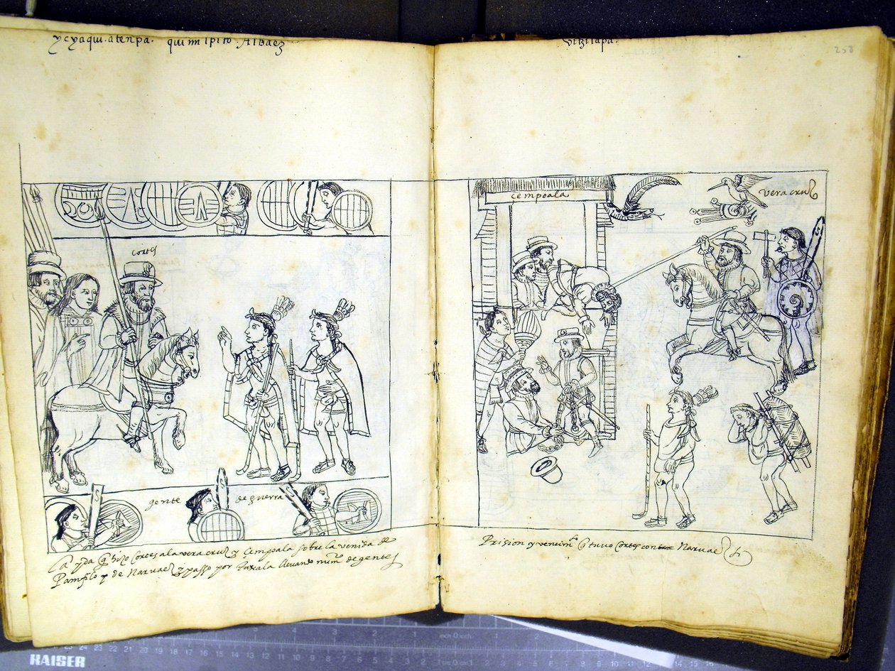 Ms Hunter 242 f.257v és f.258r, Diego Munoz Camargo „Historia de Tlaxcala” című művéből (toll és tinta papíron) alkotó: Mexican School