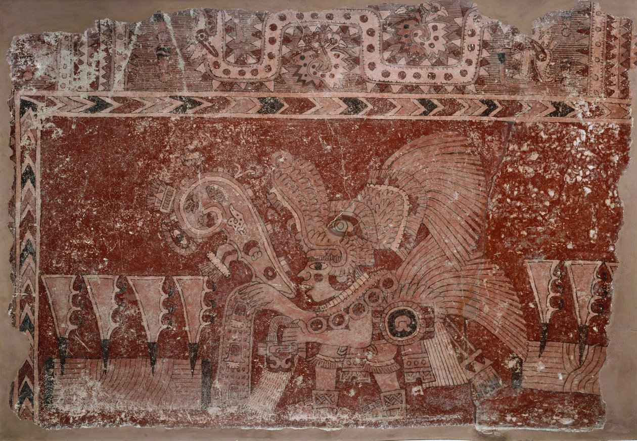 Falfestmény töredék elit hím és maguey kaktusz levelekkel, Teotihuacán stílusú, klasszikus korszak, 500-550 alkotó: Mexican School
