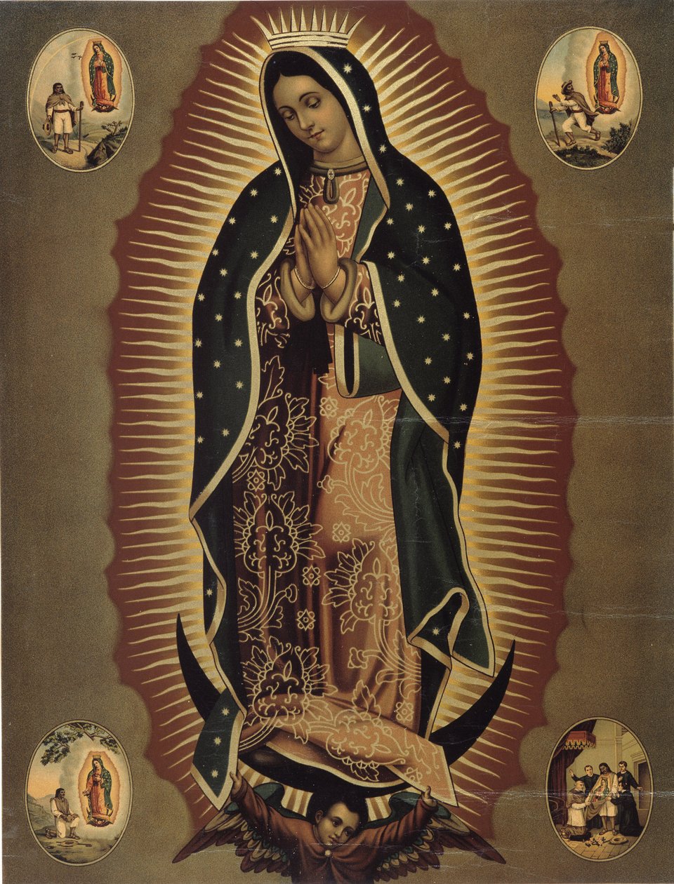 A guadalupe-i Szűz, Mexikó védőszentjének ábrázolása XX. századi nyomat. Homályos. 51x39 cm Musee de la Vallee, Barcelonnette (Alpes de Haute Provence) alkotó: Mexican School