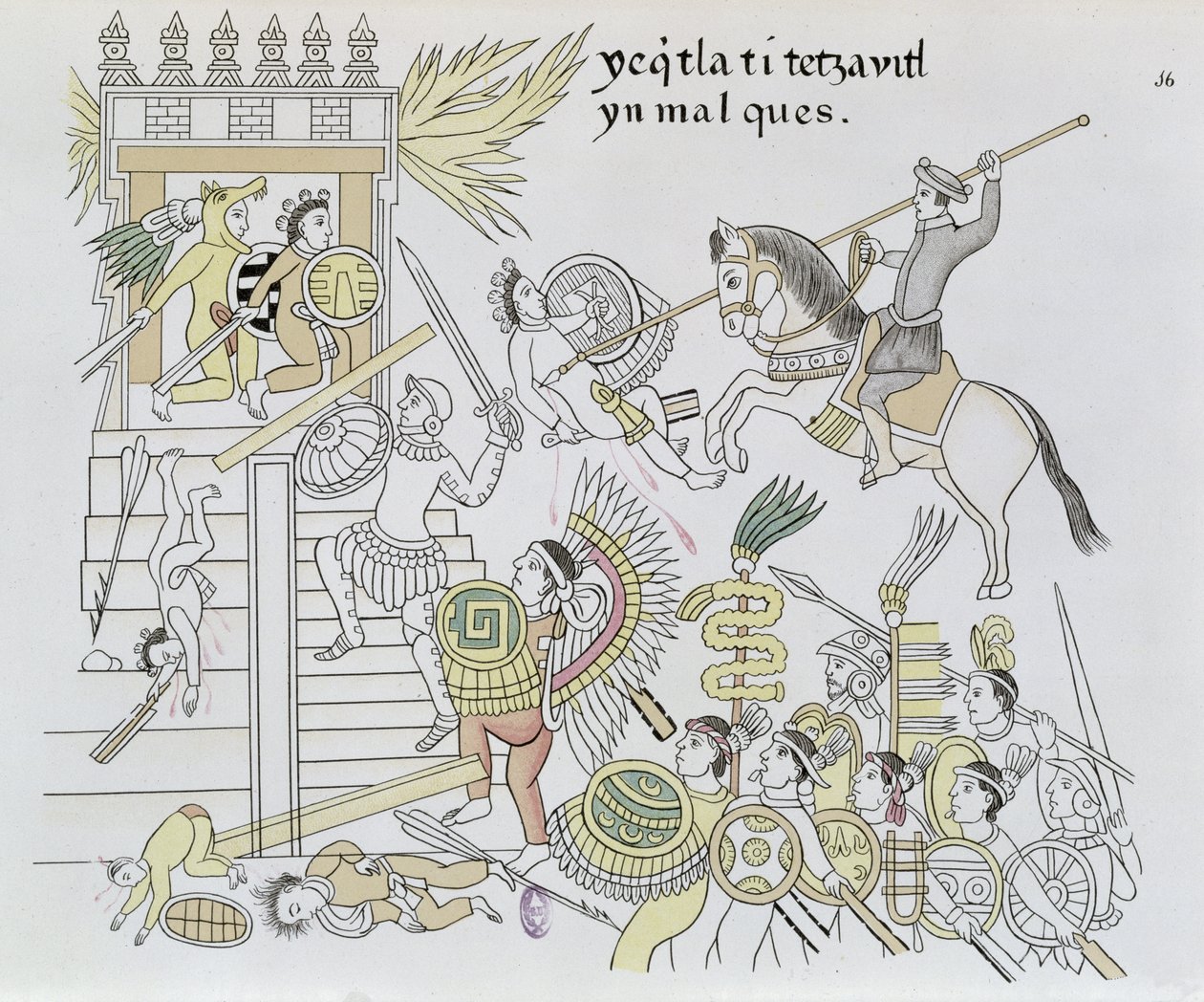 A bálványok égése, Hernan Cortes, illusztráció egy mexikói indián képtörténet fakszimiléjéből, Lienzo de Tlaxcala 1550 körül, 1892 (színes metszet) alkotó: Mexican School