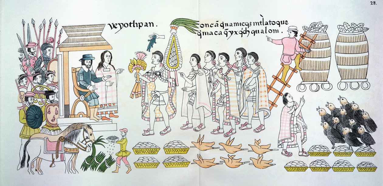 A tlaxcalai törzsfőnök, Maxixcatzin egy csokor rózsát és egyéb ajándékokat ad át Hernando Cortesnek (1485-1547) üdvözlés jeléül, illusztrációként egy mexikói indián képtörténet fakszimiléjéből. alkotó: Mexican School