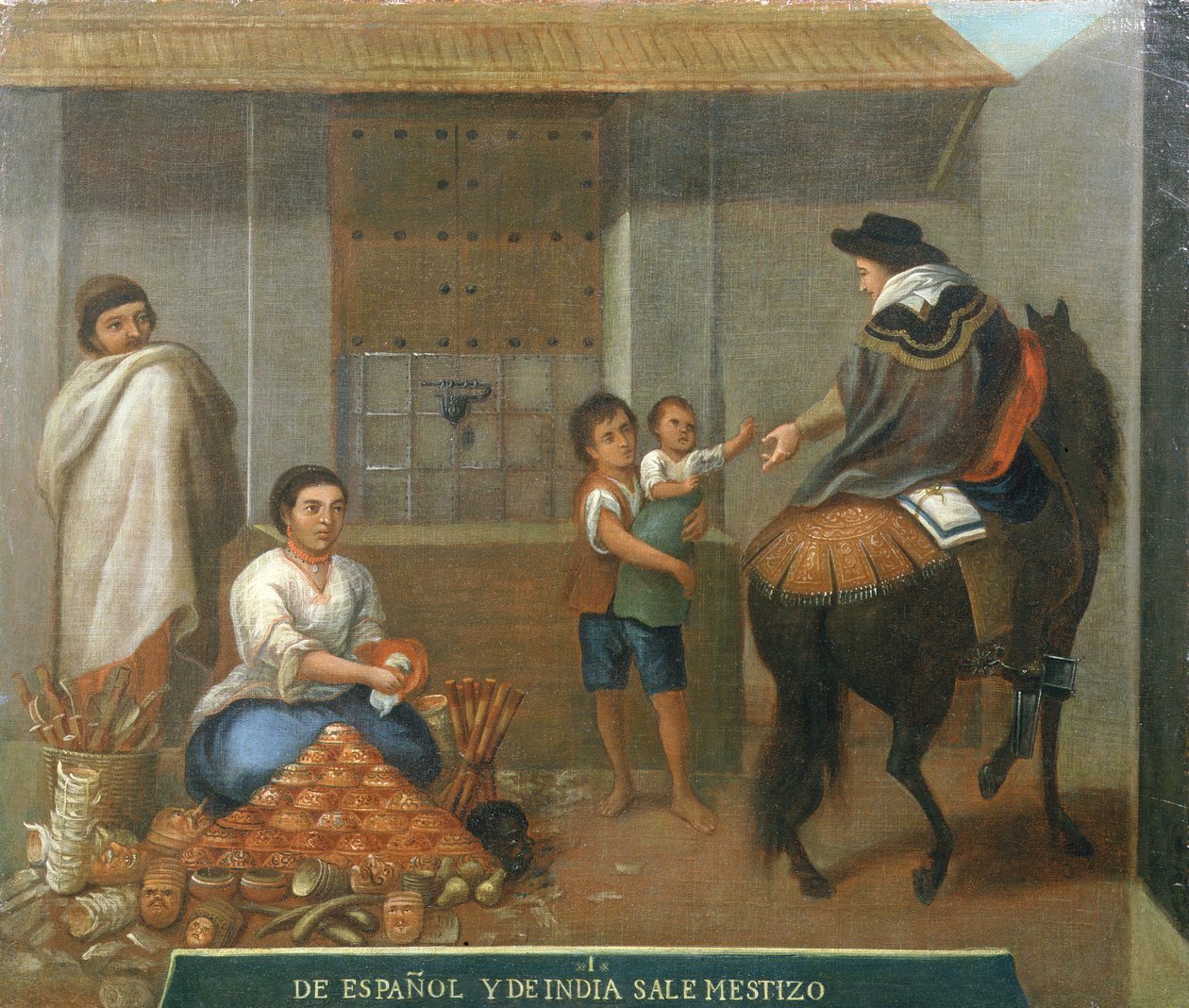 Három figura egy piaci bódé mellett alkotó: Mexican School