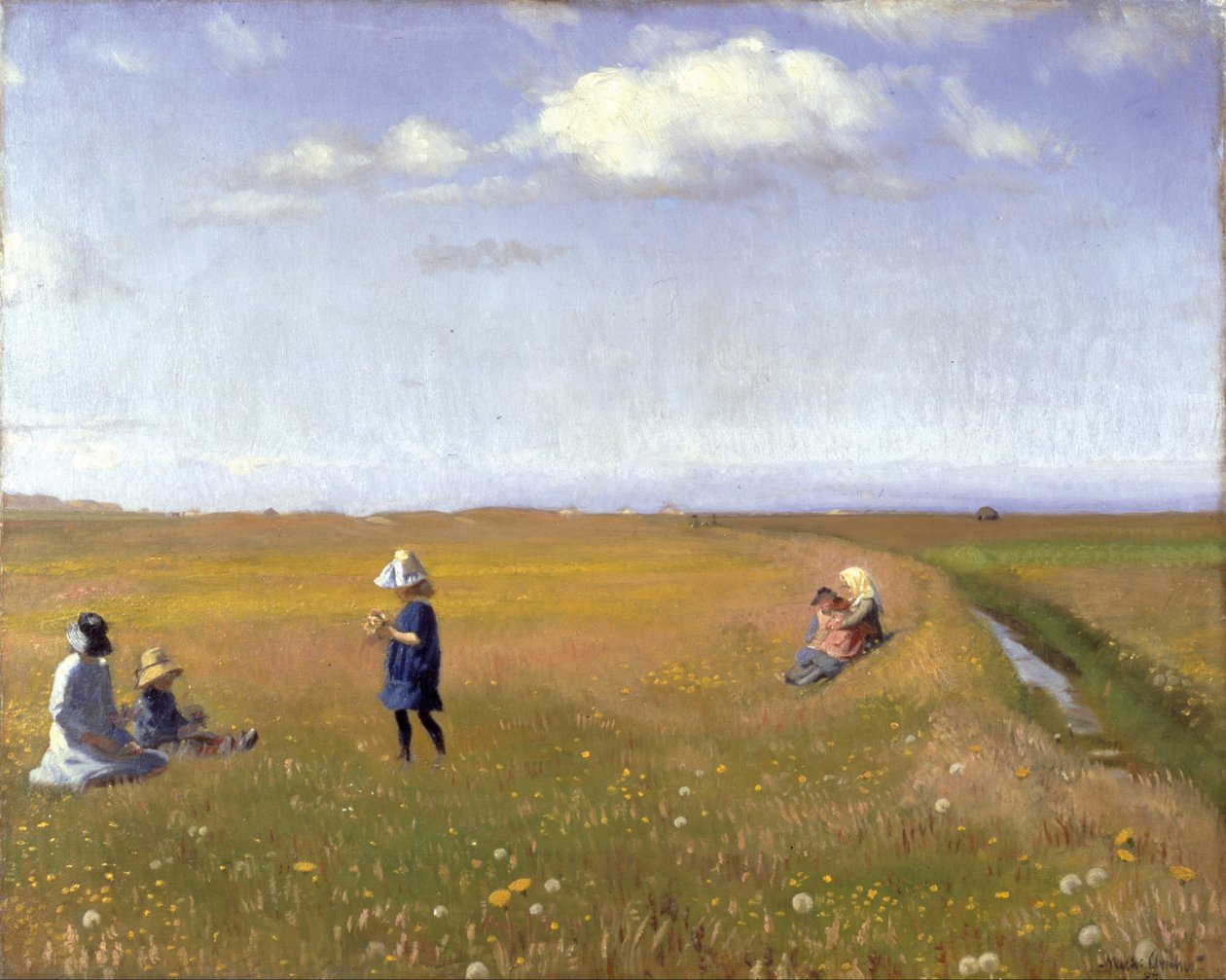 Gyermekek és fiatal lányok virágot szednek egy Skagen -től északra lévő mezőn alkotó: Michael Peter Ancher