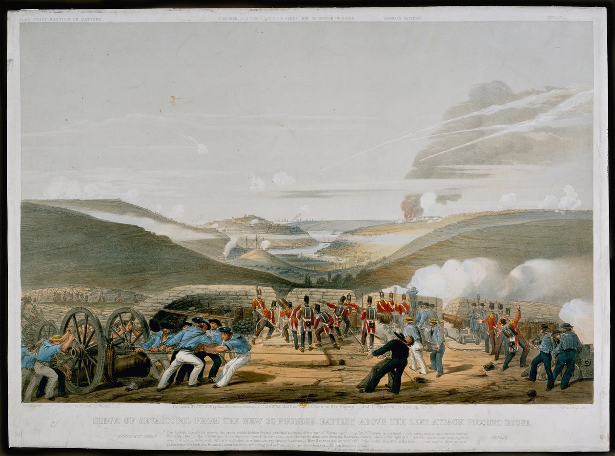Szevasztopol ostroma a baloldali támadás Picquet-háza feletti 32 fontos ütegből, Walker metszete, megjelent 1854-ben. alkotó: Michael Biddulph