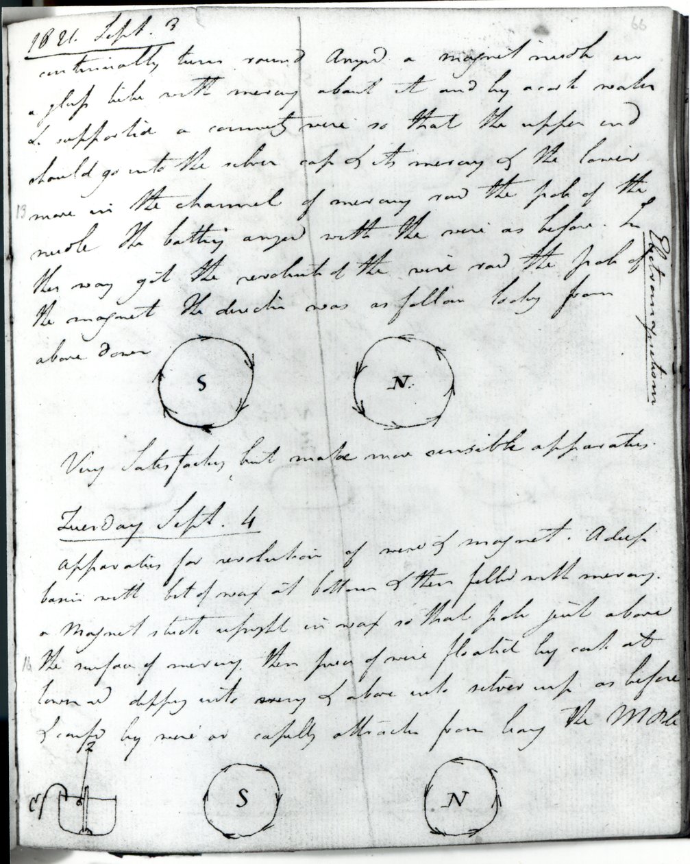 75. oldal Faraday jegyzetfüzetéből, a „Rotation of Current Experiment” címmel, 1821. szeptember 3. alkotó: Michael Faraday