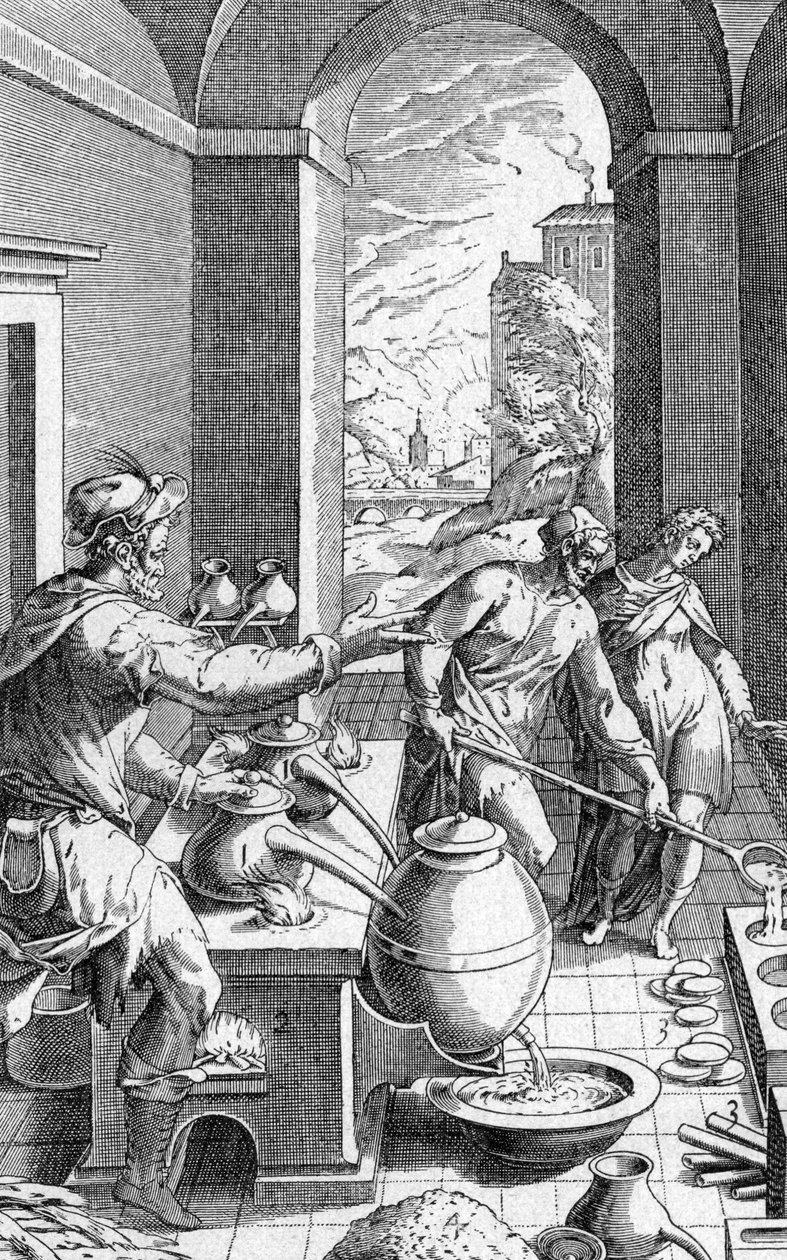 Alkimista műhelyében, metszet a Metallothecából Michele Mercati (1541-1593) pub. 1719 alkotó: Michael Mercator