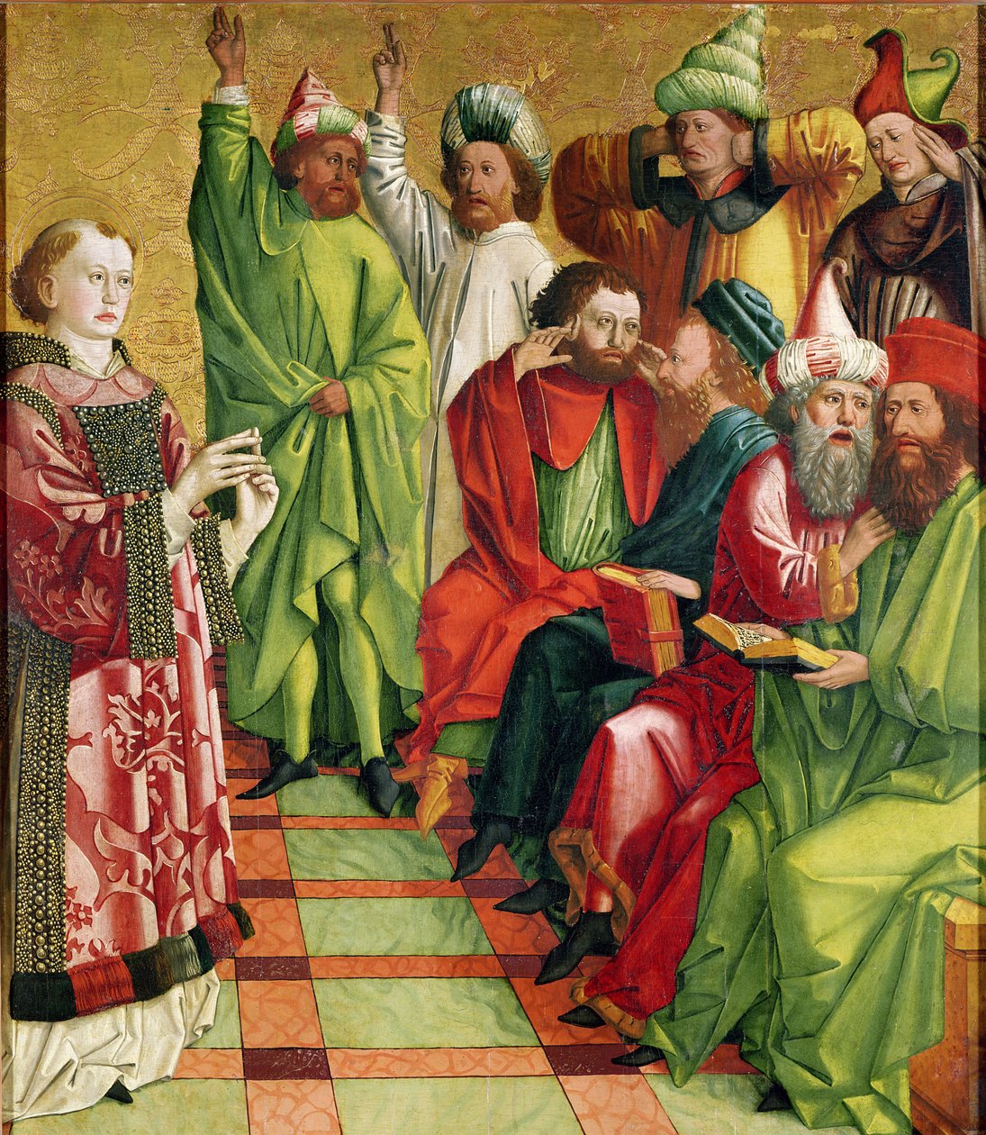 Szent István a bírák előtt, a Szent István-oltárból, 1470 körül alkotó: Michael Pacher