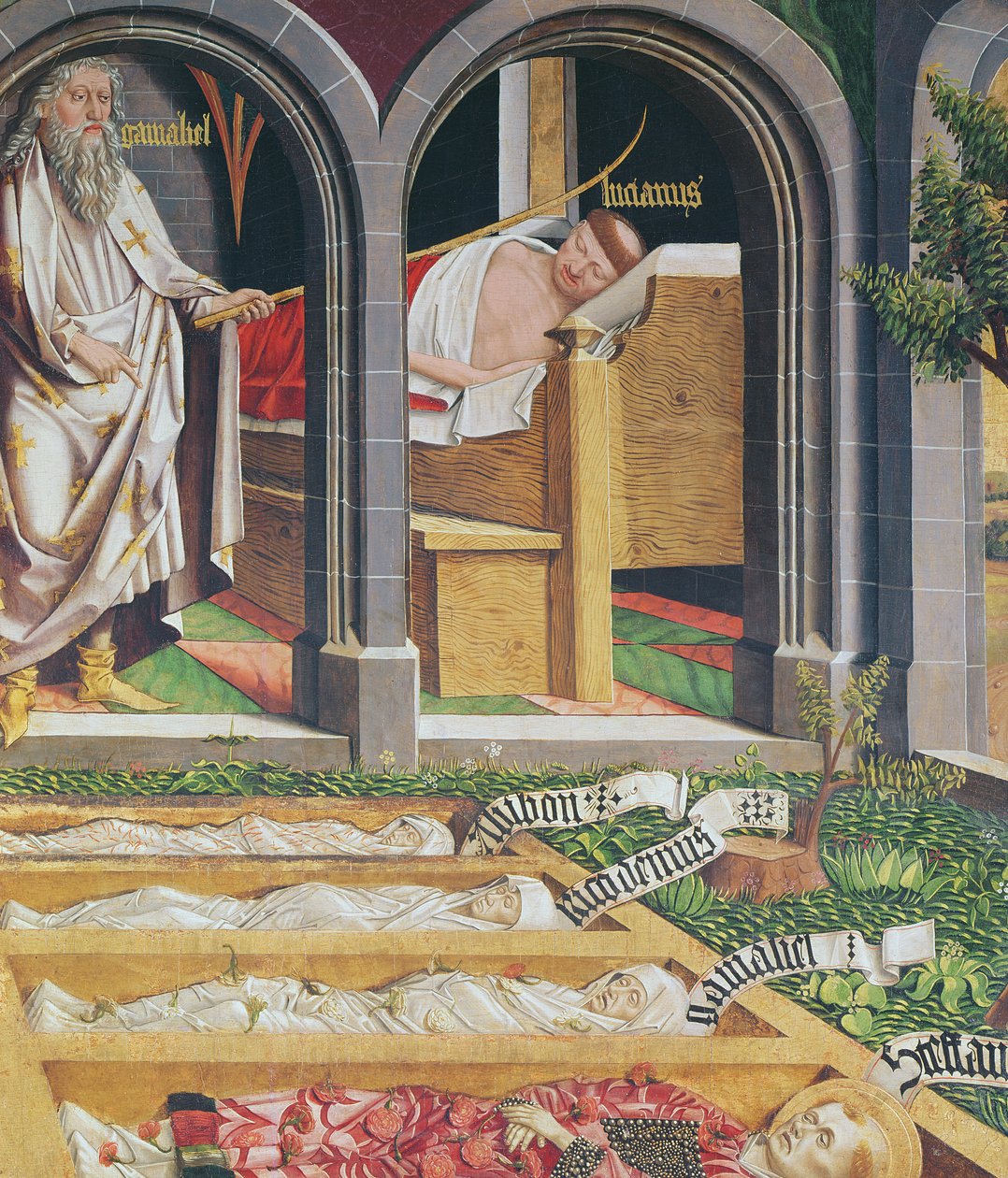 Gamaliel megjelenése a papnak, Lucien, a Szent István oltárképről, 1470 körül. alkotó: Michael Pacher