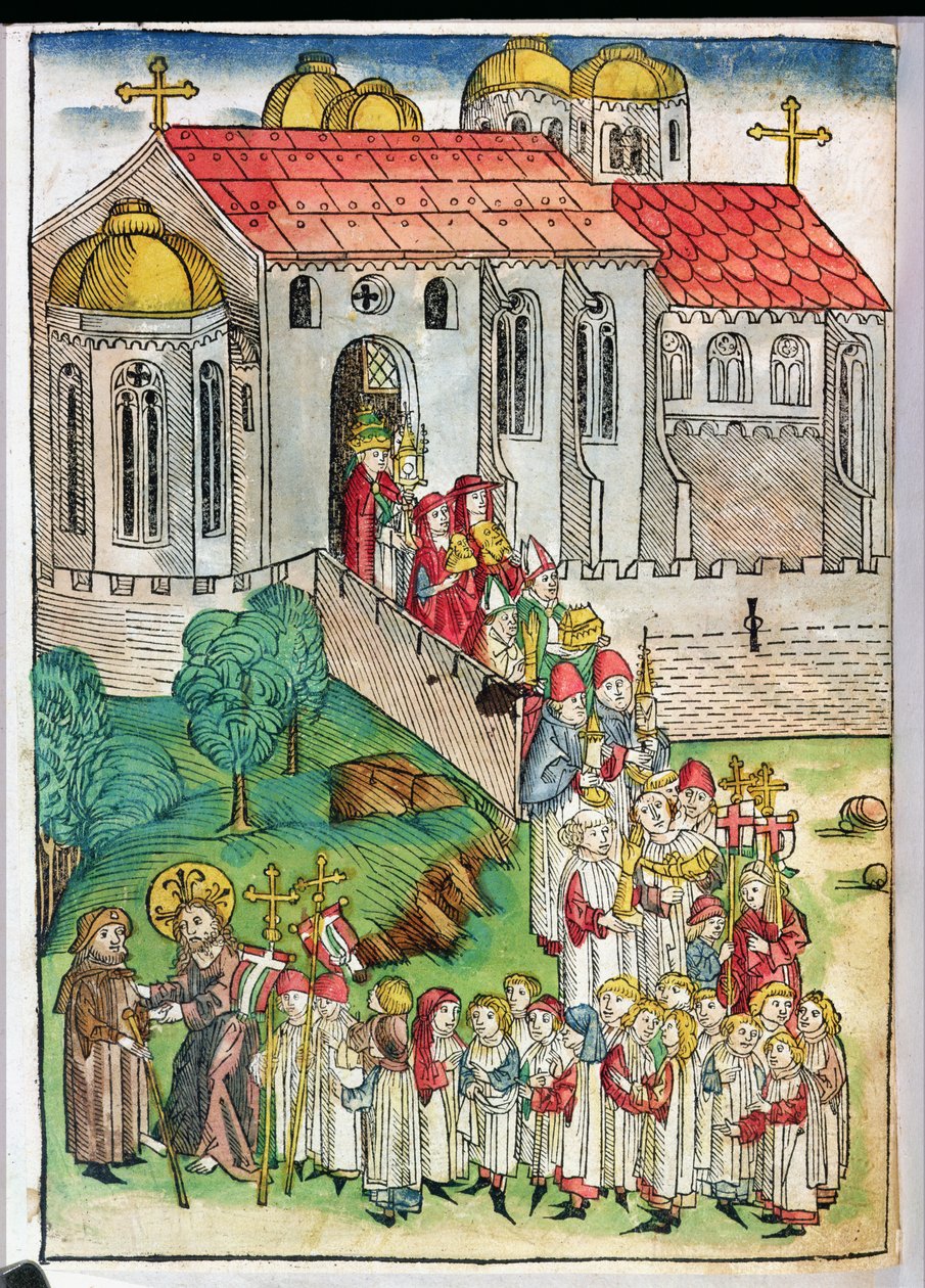 Santiago de Compostelai zarándok és körmenet, 1491 (színes fametszet) alkotó: Michael Wolgemut