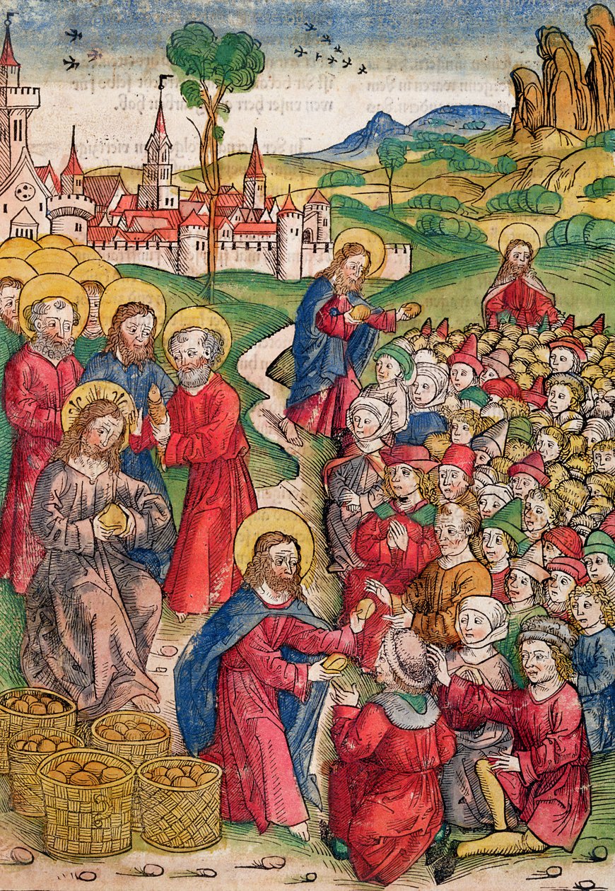 Kenyerek és halak sokszorosítása, 1491 (színes fametszet) alkotó: Michael Wolgemut