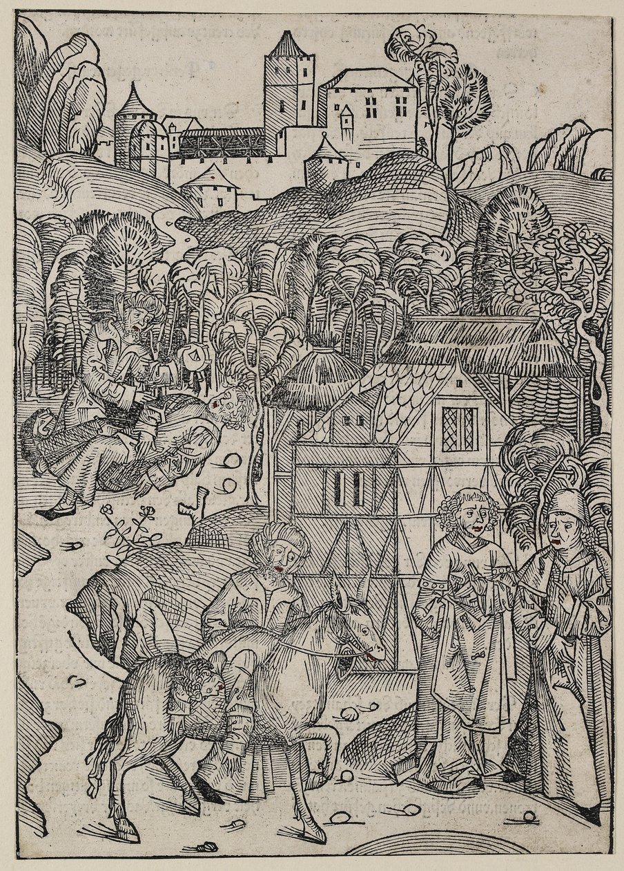 Az irgalmas szamaritánus példázatának második része, kb. 1491 (fametszet, piros akvarellel túldolgozva, verso magasnyomás) alkotó: Michael Wolgemut