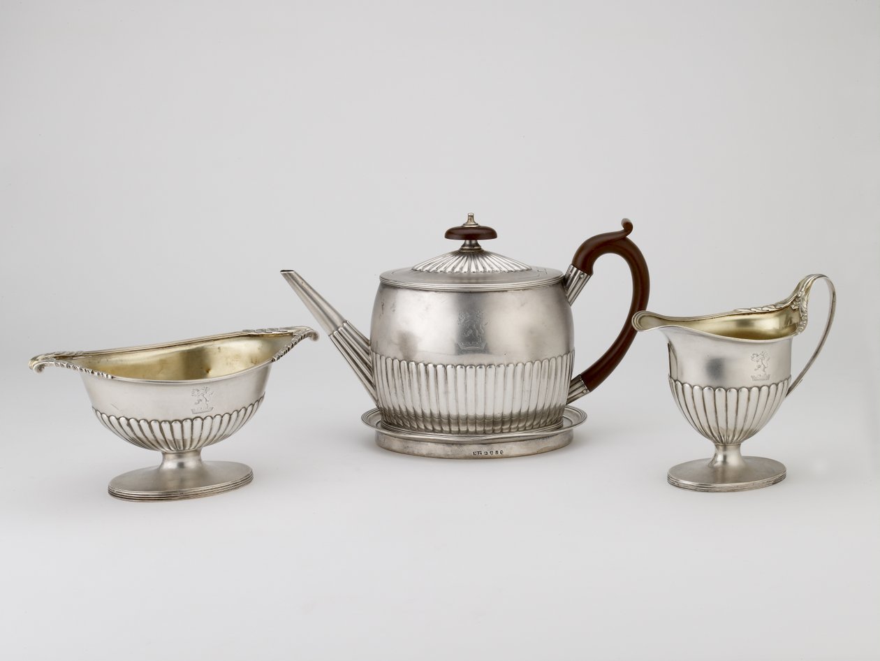 Teáskanna és állvány, tejszínes kancsó, cukortartó, 1794-1795 (ezüst) alkotó: Michael and Scofield, John Plummer
