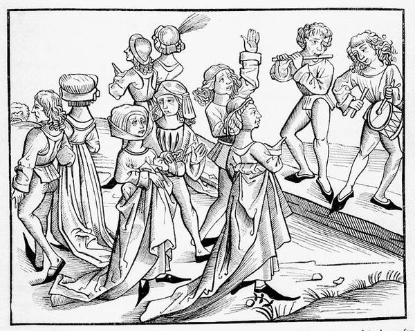 A karácsony éjszakáján a táncosokat megbüntették istentelenségükért, a Nürnburgban megjelent Liber Chronicarum Mundi fametszete után. alkotó: Michael (after) Wolgemut or Wolgemuth