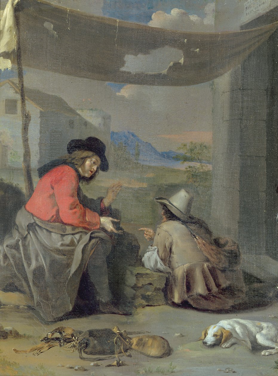 Két figura ül egy kutyával (olaj a fedélzeten) alkotó: Michael (attr. to) Sweerts