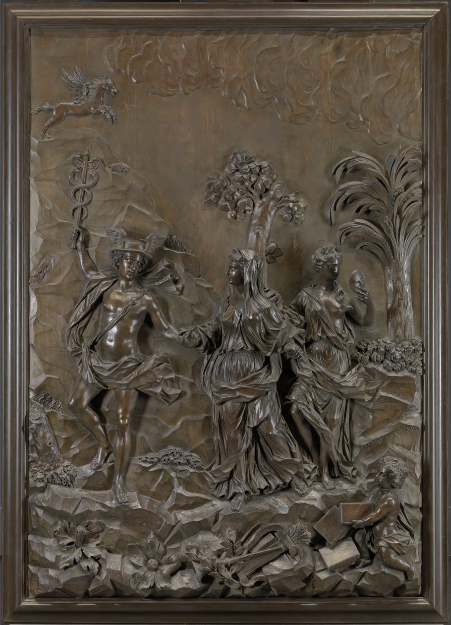 The Stowe Reliefs: Mercury tragikus és komikus költészetet vezényelt a Parnasszuszi dombhoz, 1740 körül (bronzozott hársfa) alkotó: Michael (attr.to) Chuke