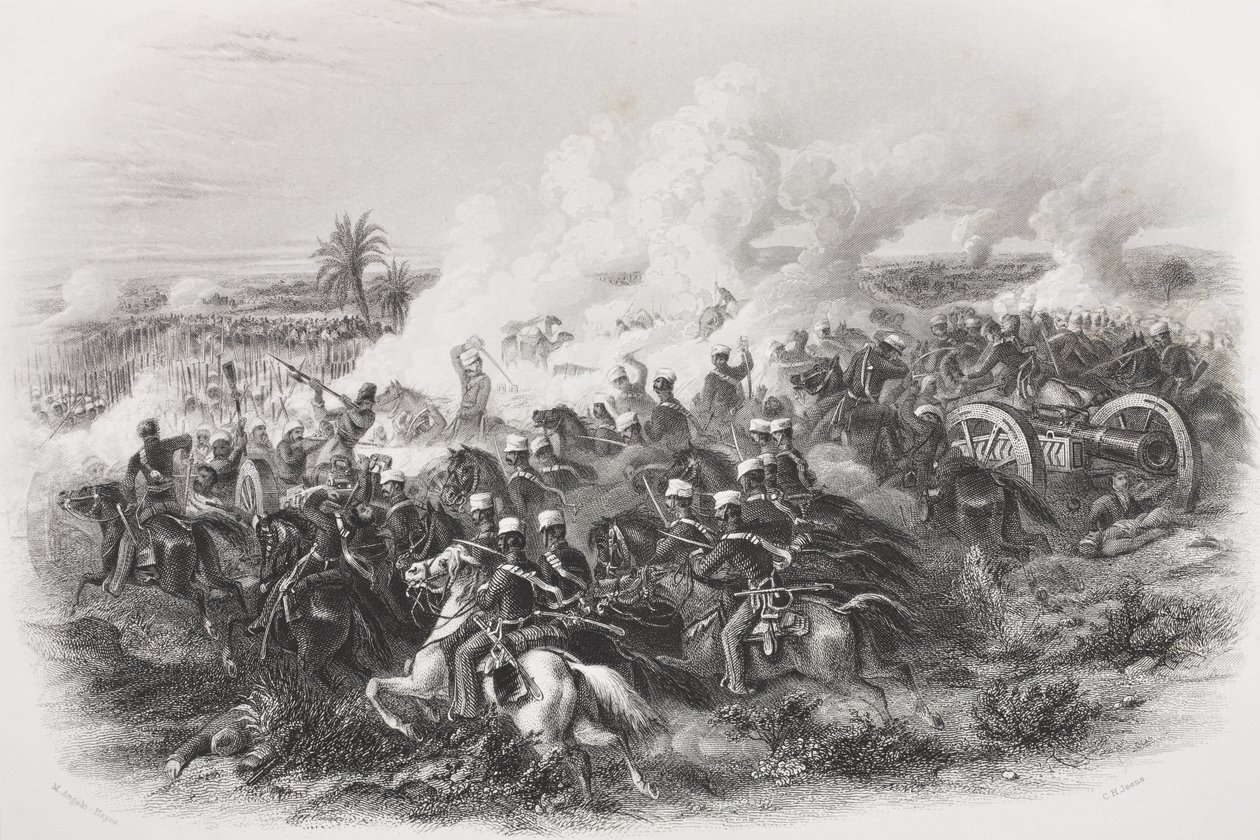 A Moodkee-i csata, 1845, metszet: C.H. Jeens, a "Gallery of Historical Portraits"-ból, megjelent 1880 körül alkotó: Michael Angelo Hayes