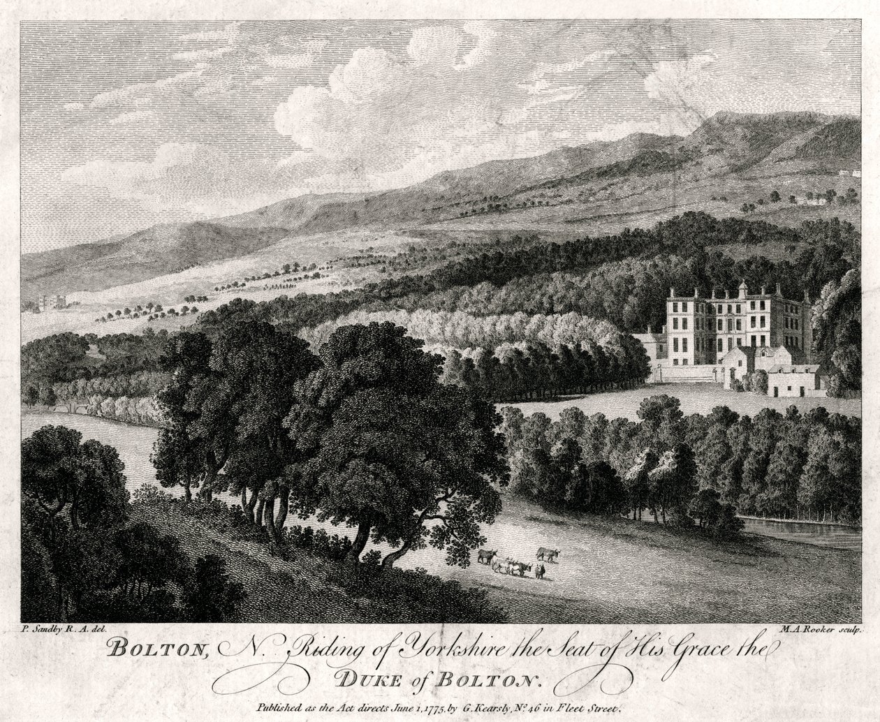 Bolton, Yorkshire északi lovaglása, Őkegyelme, Bolton hercegének székhelye, 1775 alkotó: Michael Angelo Rooker