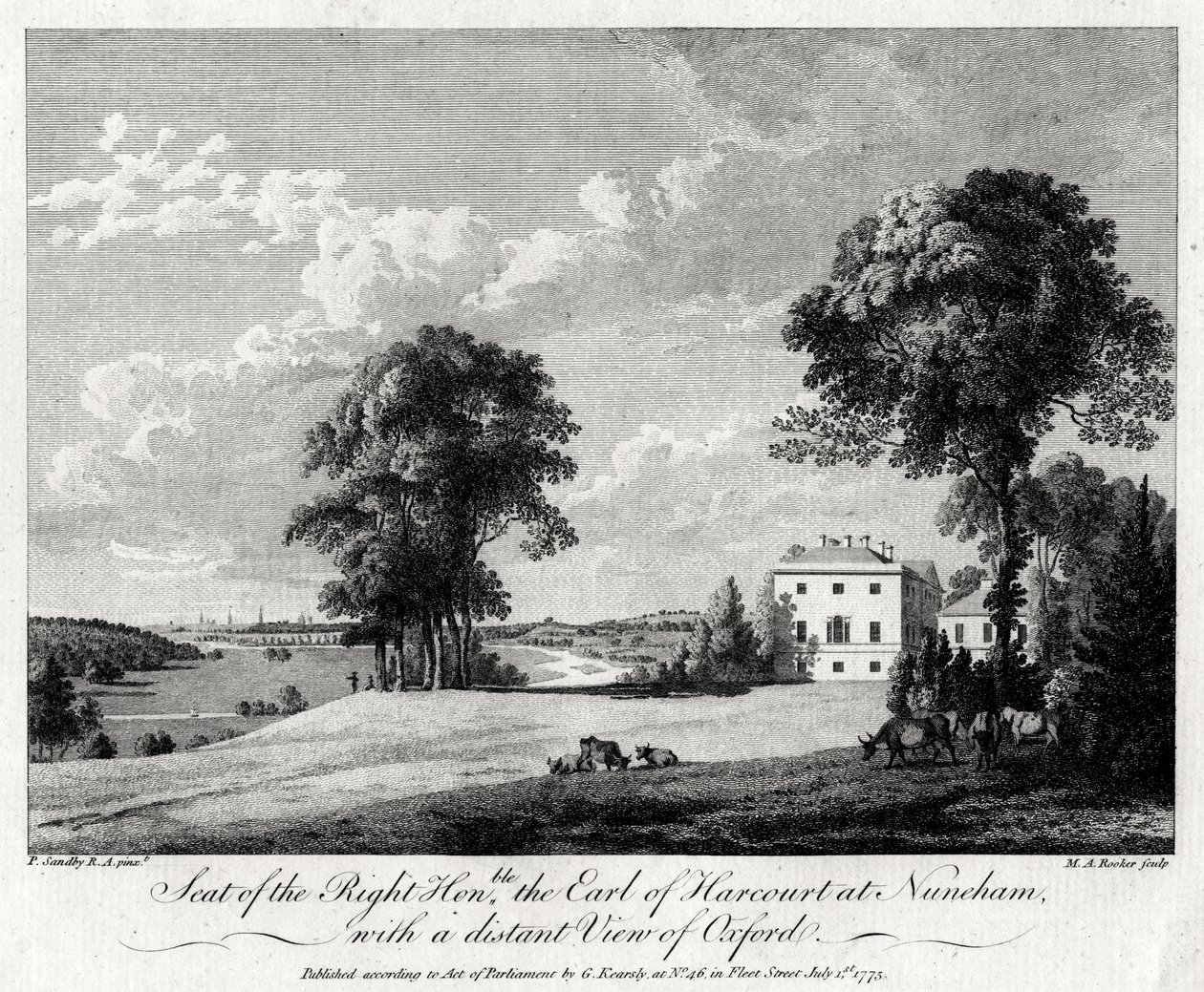 Harcourt gróf jobbik székhelye Nunehamben, távoli kilátással Oxfordra, 1775. alkotó: Michael Angelo Rooker