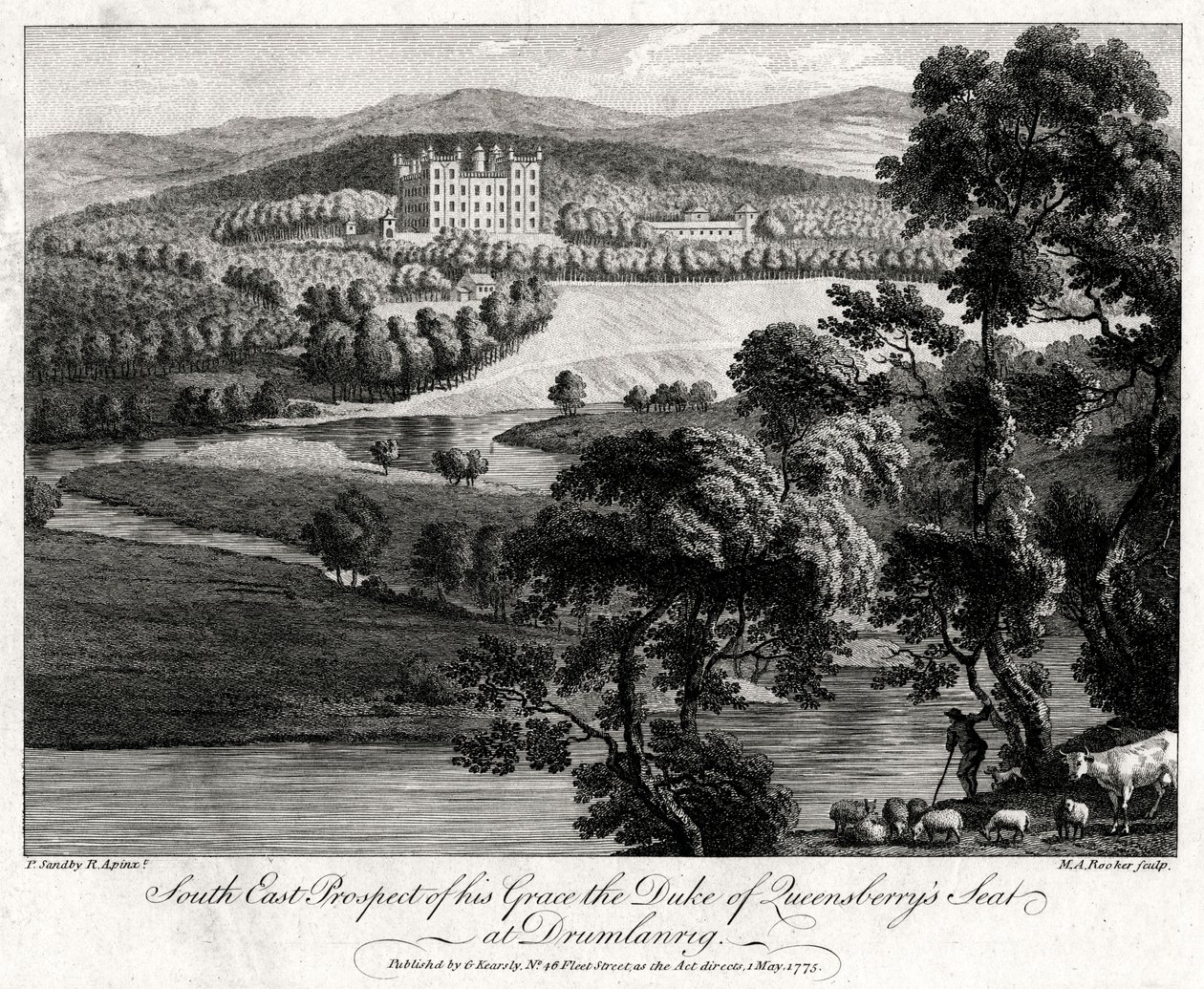 Ő kegyelme, Queensberrys hercege székhelyének délkeleti kilátása a skóciai Drumlanrigben, 1775 alkotó: Michael Angelo Rooker