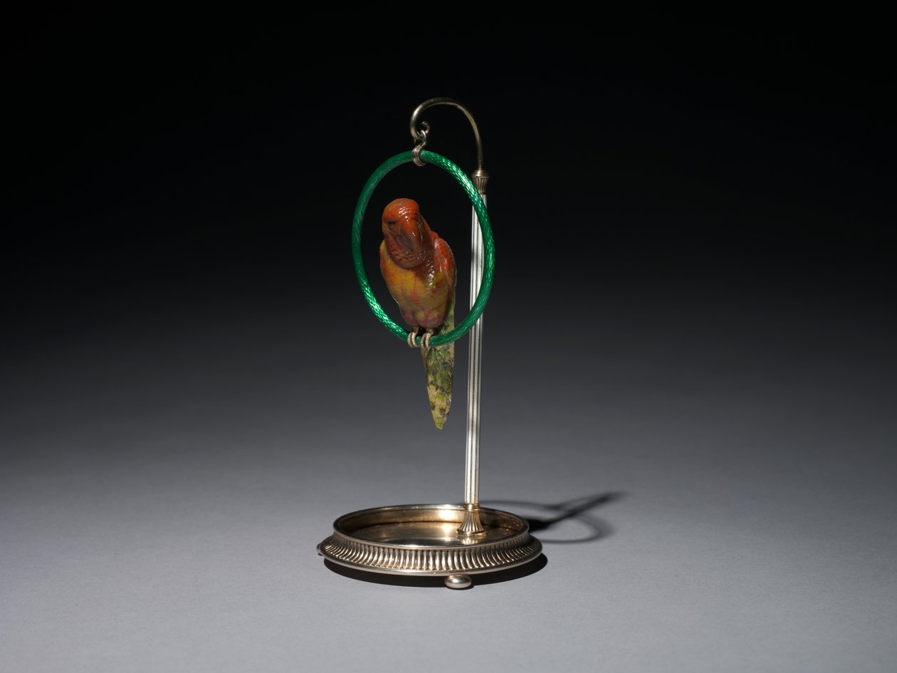 Papagáj a süllőn (Papagáj), Peter Carl Fabergé (1846-1920) cége alkotó: Michael Evlampievich Perkhin