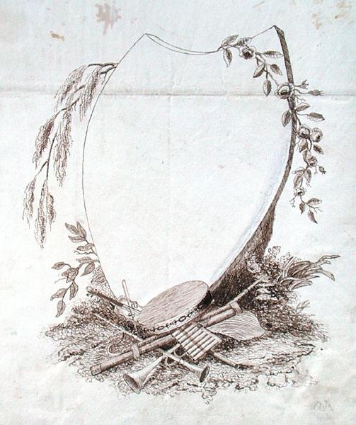 Szív alakú pajzs Michael Faraday albumának hangszereivel (toll és tinta papíron) alkotó: Michael Faraday