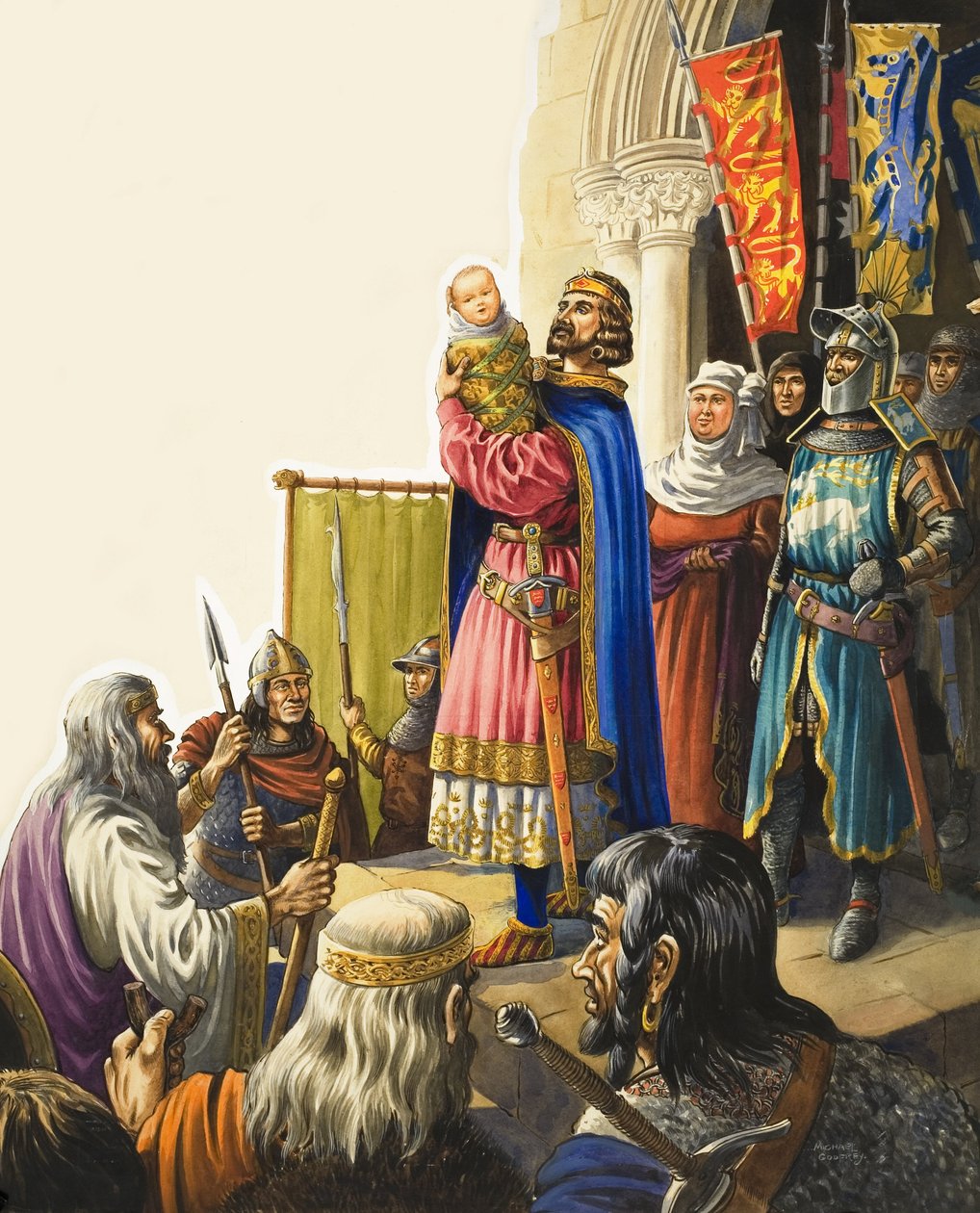 I. Edward király (1239-1307) bemutatja kisfiát (gouache, papír) alkotó: Michael Godfrey