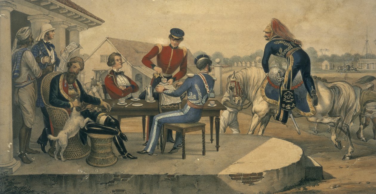 Kávéparti egy katonai állomáson Indiában, 1850 körül (színes metszet) alkotó: Michael Hanhart