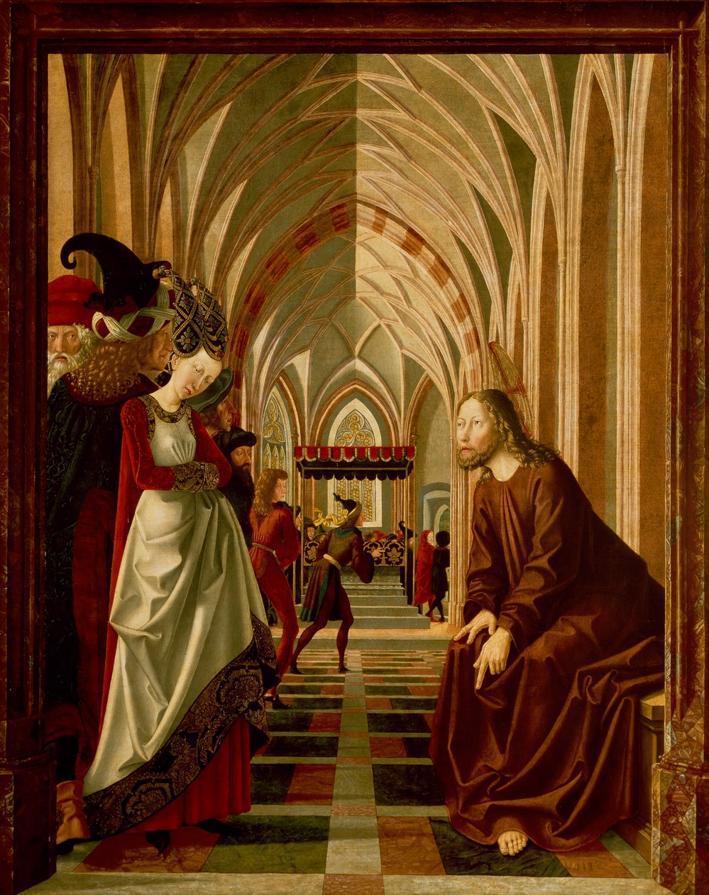 Krisztus és a házasságtörő, tabló a Krisztus történeteiből, Szent Wolfgang oltárkép alkotó: Michael Pacher