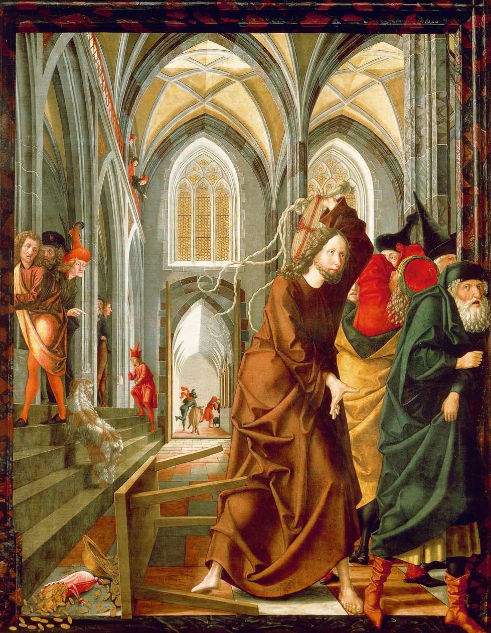 Krisztus kiűzi a kereskedőket a templomból, a Stories of Christ panelje, a Szent Wolfgang oltárkép alkotó: Michael Pacher