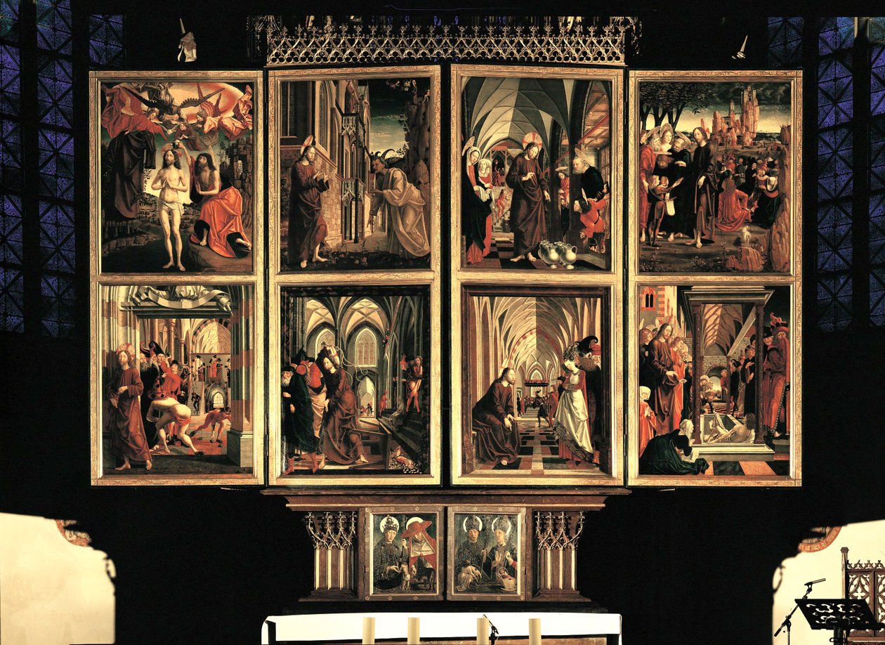 St. Wolfgang oltár, zárt belső zsalupárok. 8 jelenet (festmény) alkotó: Michael Pacher