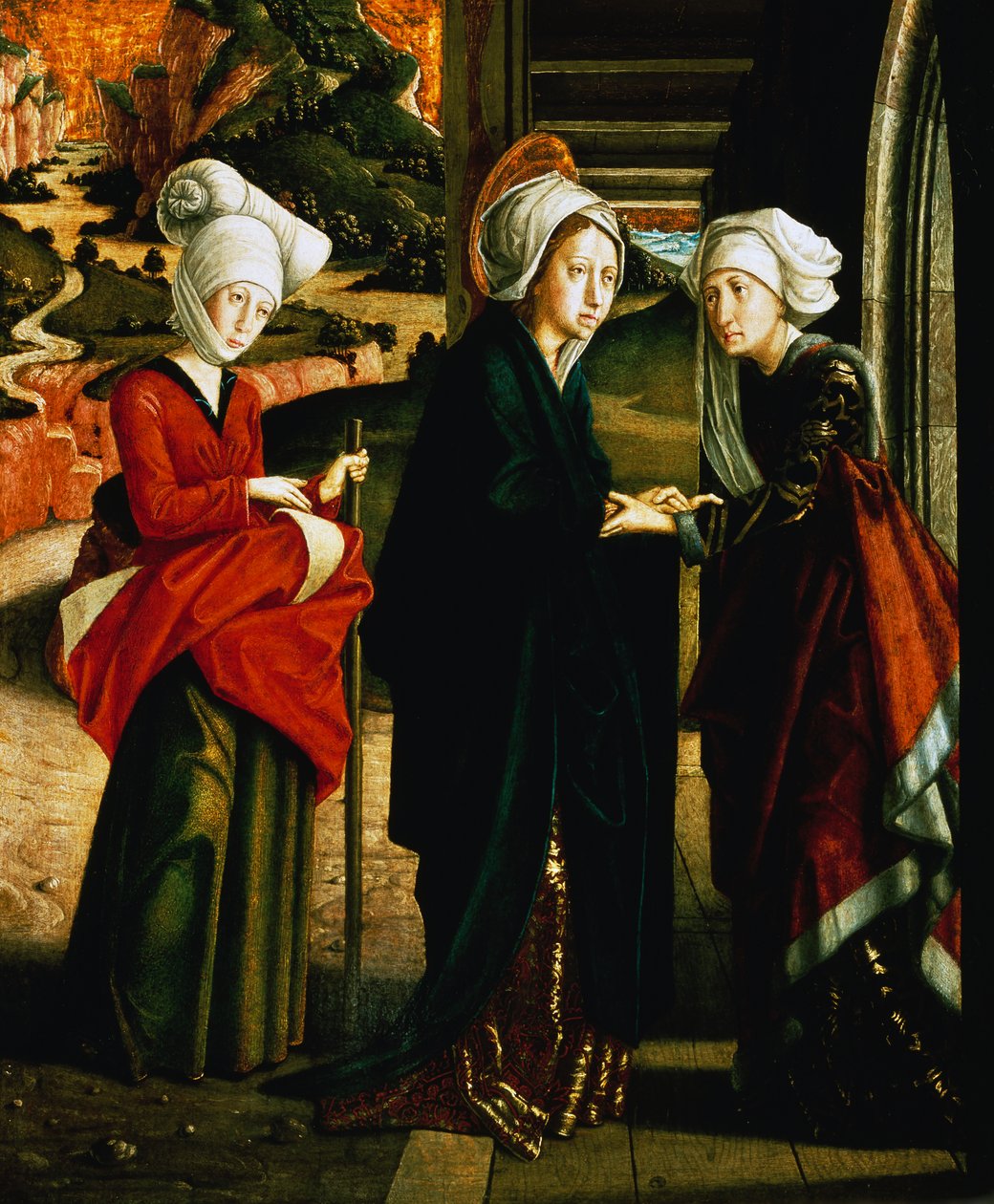 Mária látogatása, alsó panel Jelenetek Krisztus életéből, Szent Wolfgang oltárkép Szent Wolfgang kápolna, Szent Wolfgang im Salzkammergut, Ausztria alkotó: Michael Pacher