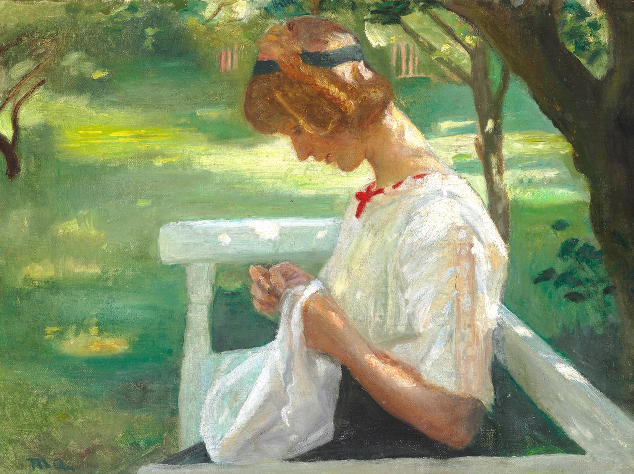 Ella Saxild egy nyári napon a kertben varr. alkotó: Michael Peter Ancher