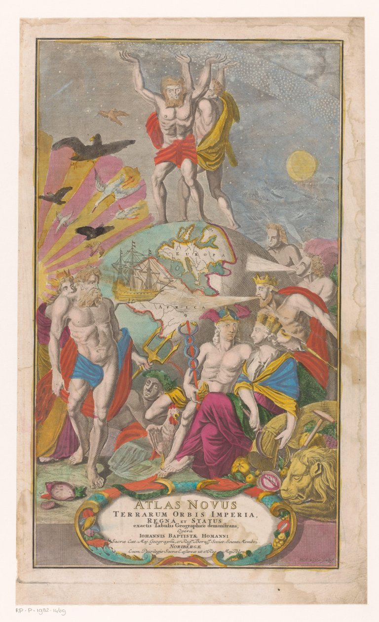 Atlas en Hercules dragen sternerhemel Címlap: Johann Baptista Homann, Atlas Novus Terrarum Orbis Imperia, Regna et Status Exacte Tabulis Geographicè Demonstrants, 1729 alkotó: Michael Rössler
