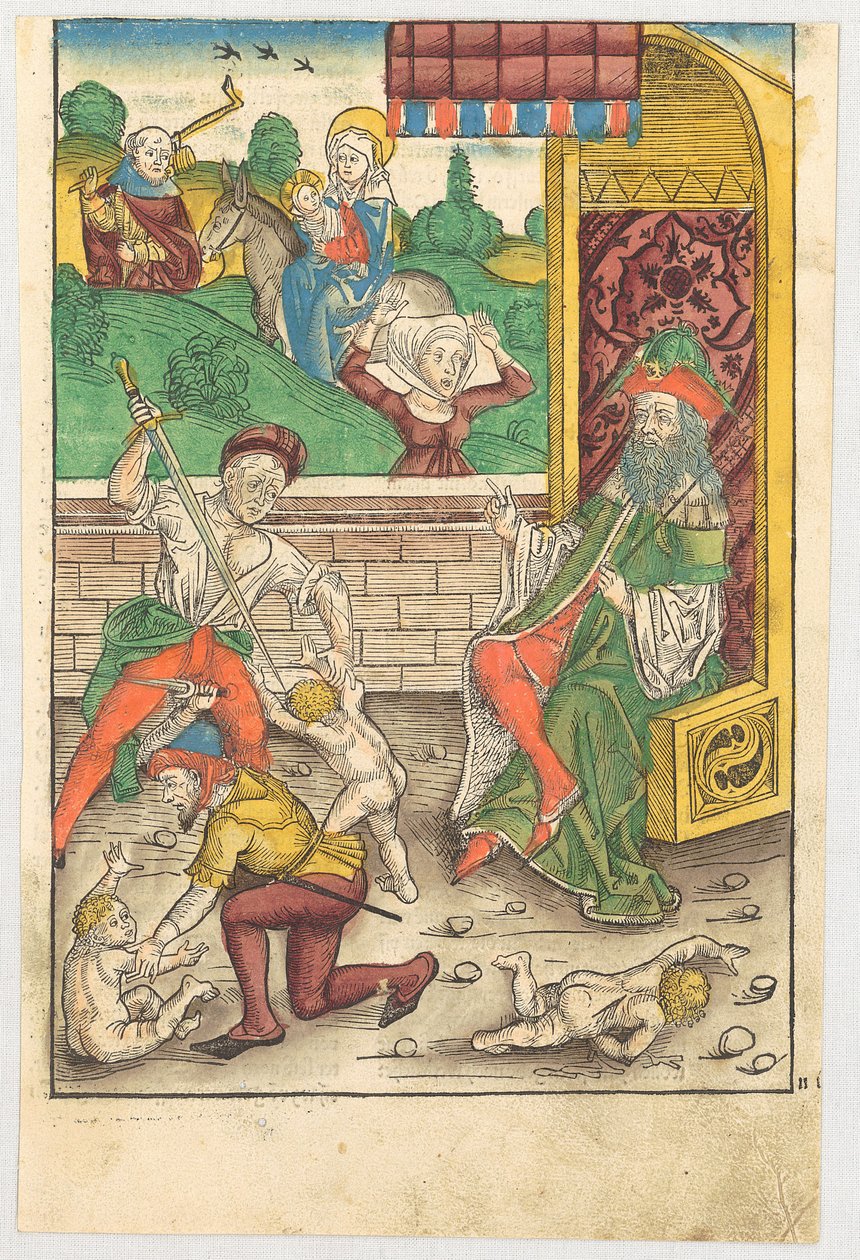 Bethlehemitischer Kindermord [Vordergrund] und Flucht nach Ägypten [Hintergrund] alkotó: Michael Wolgemut