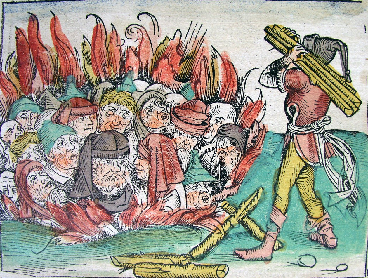 A zsidók égetése Deggendorfban 1338-ban a Schedels Világkrónikájából, 1493. alkotó: Michael Wolgemut