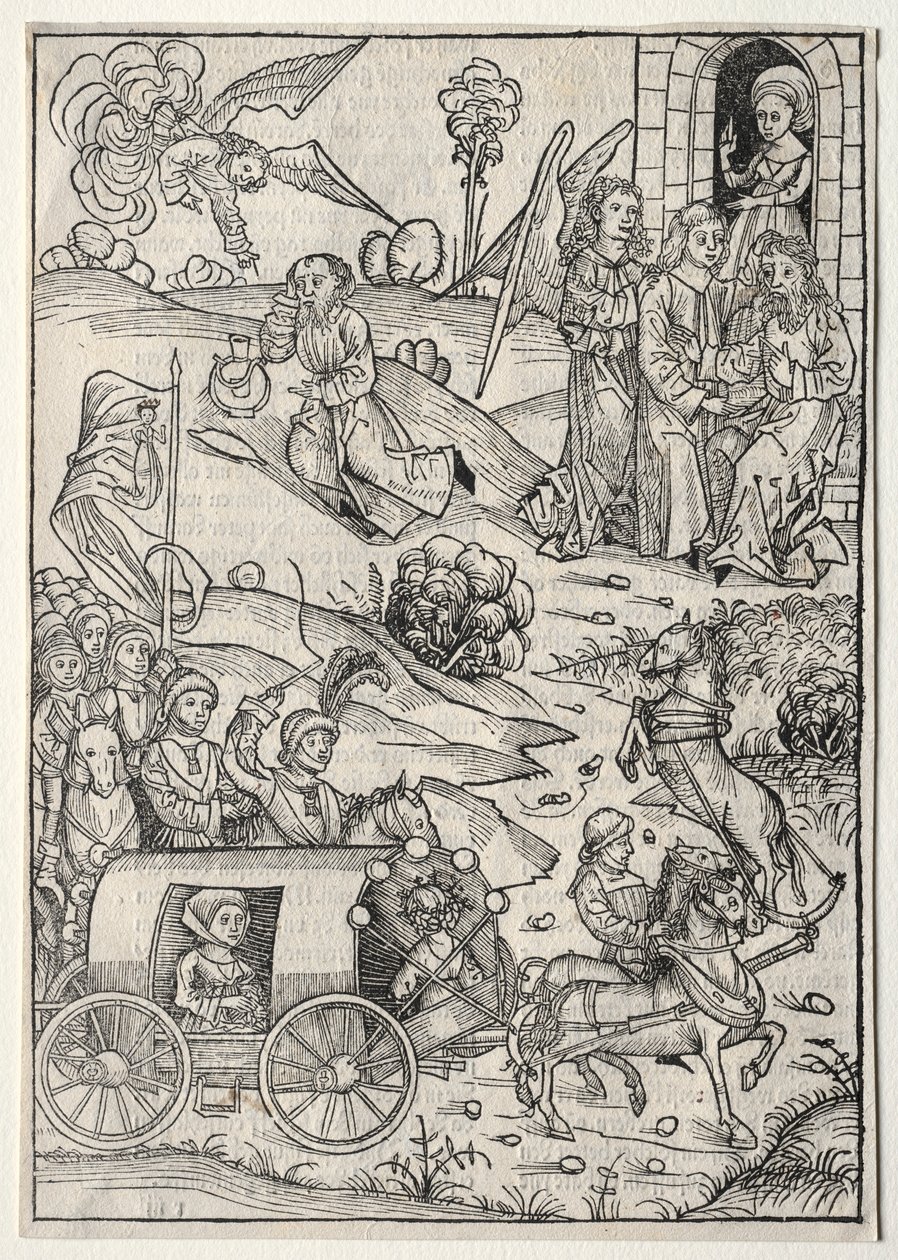 Der Schatzbehalter: Tóbiás visszatérése Tobithoz, Tóbiás felesége érkezése..., 1491. alkotó: Michael Wolgemut