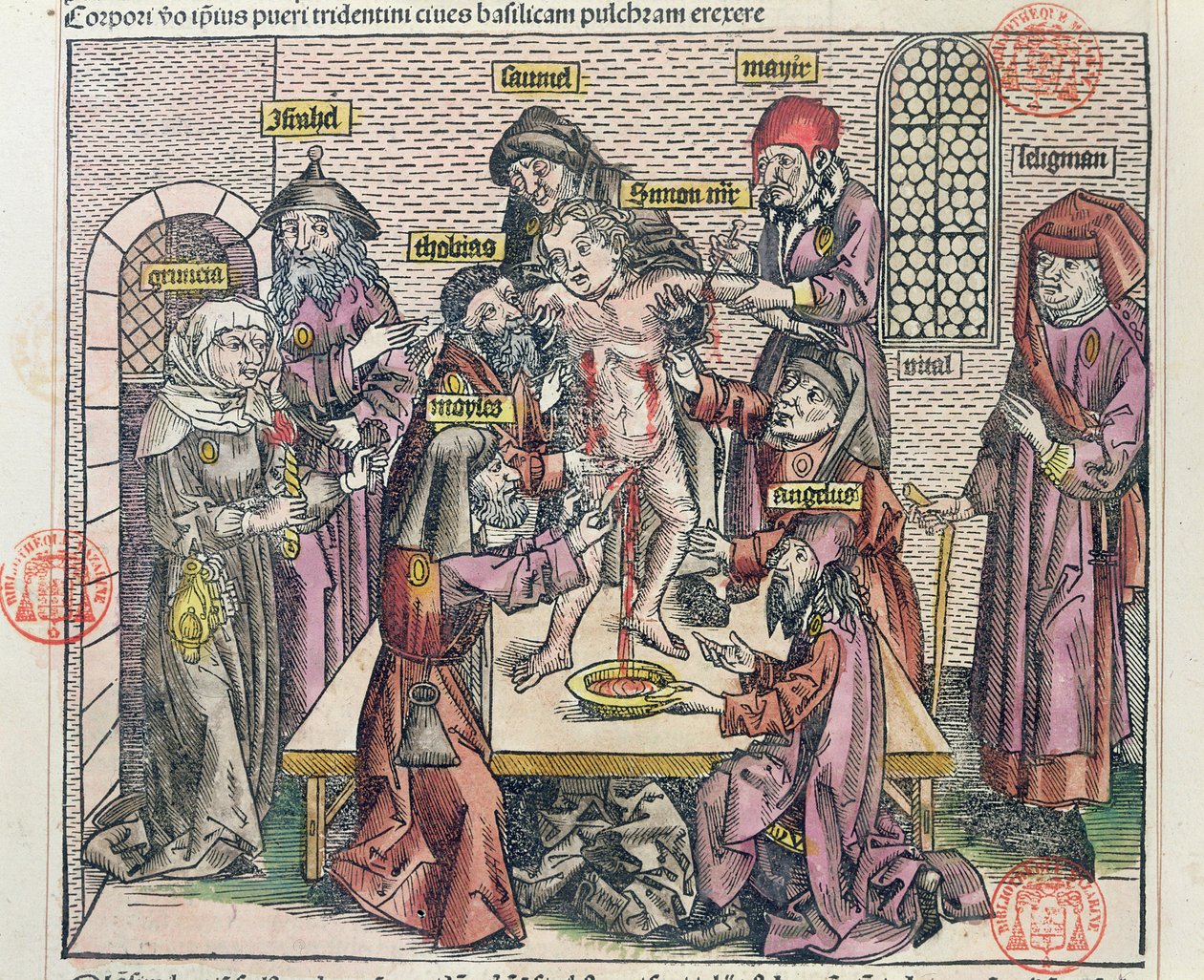 Simon tridenti mártíromsága, a Liber Chronicarum Mundi című, 1493-ban Nürnbergben kiadott kötet fametszete után. alkotó: Michael Wolgemut