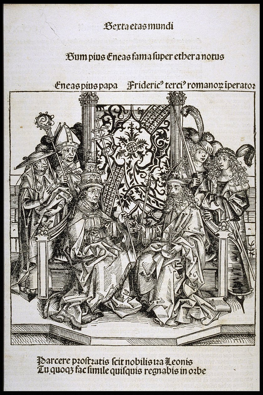 Pius pápa és III. Frigyes német császár találkozója, 1493 körül. alkotó: Michael Wolgemut