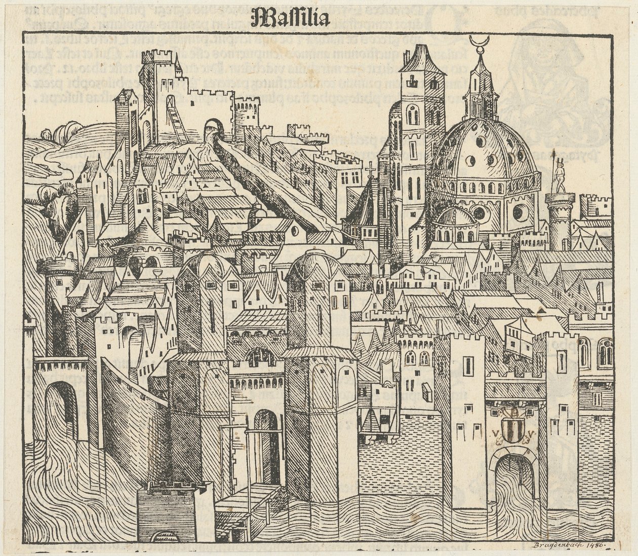 Phantasieansicht der Stadt Marseille [recto], drei Porträts (Phereades, Pythagoras und Sappho) [verso] alkotó: Michael Wolgemut