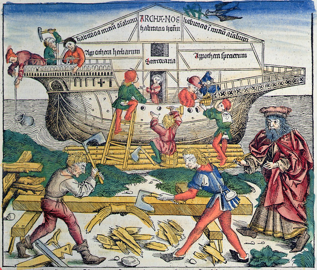 Noé bárkájának építése, Hartmann Schedel nürnbergi krónikájából, 1493 (színes fametszet) alkotó: Michael Wolgemut