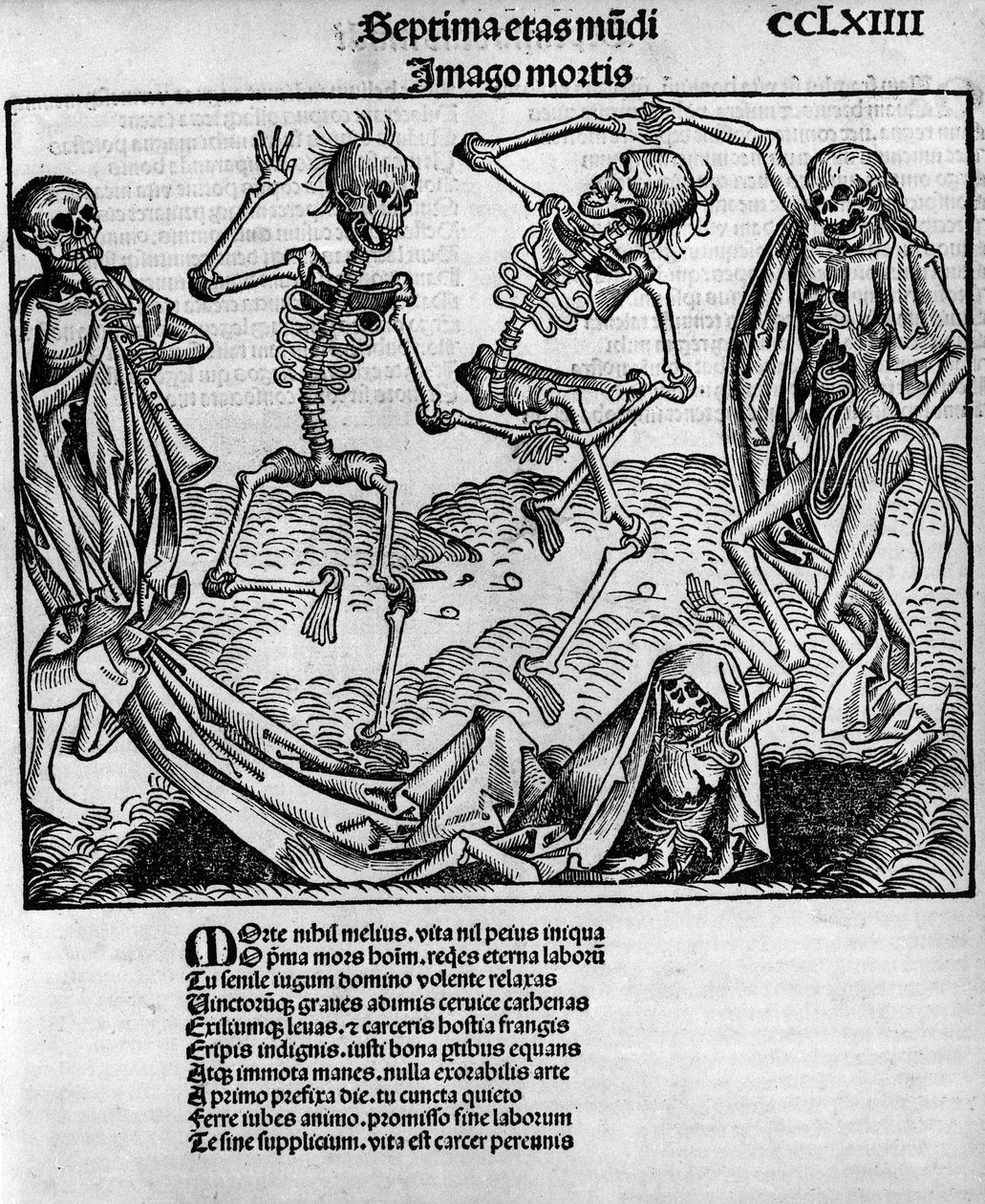 Hátborzongató táncjelenet, csontvázakkal, Hartmann Schedel (1440-1514) „Nürnbergi krónikái”-ban, Anton Koberger Nürnbergben szerkesztette, július 12. alkotó: Michael and Pleydenwurff W. (d.1494) Wolgemuth