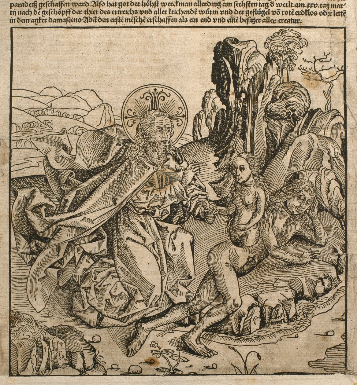 Az Atya Isten megteremtette Évát Ádám bordájából, illusztráció Hartmann Schedel (1440-1514) „Liber Chronicarum” című művéből, amelyet Nürnbergben adtak ki, 1493 alkotó: Michael and Pleydenwurff, W. Wolgemuth